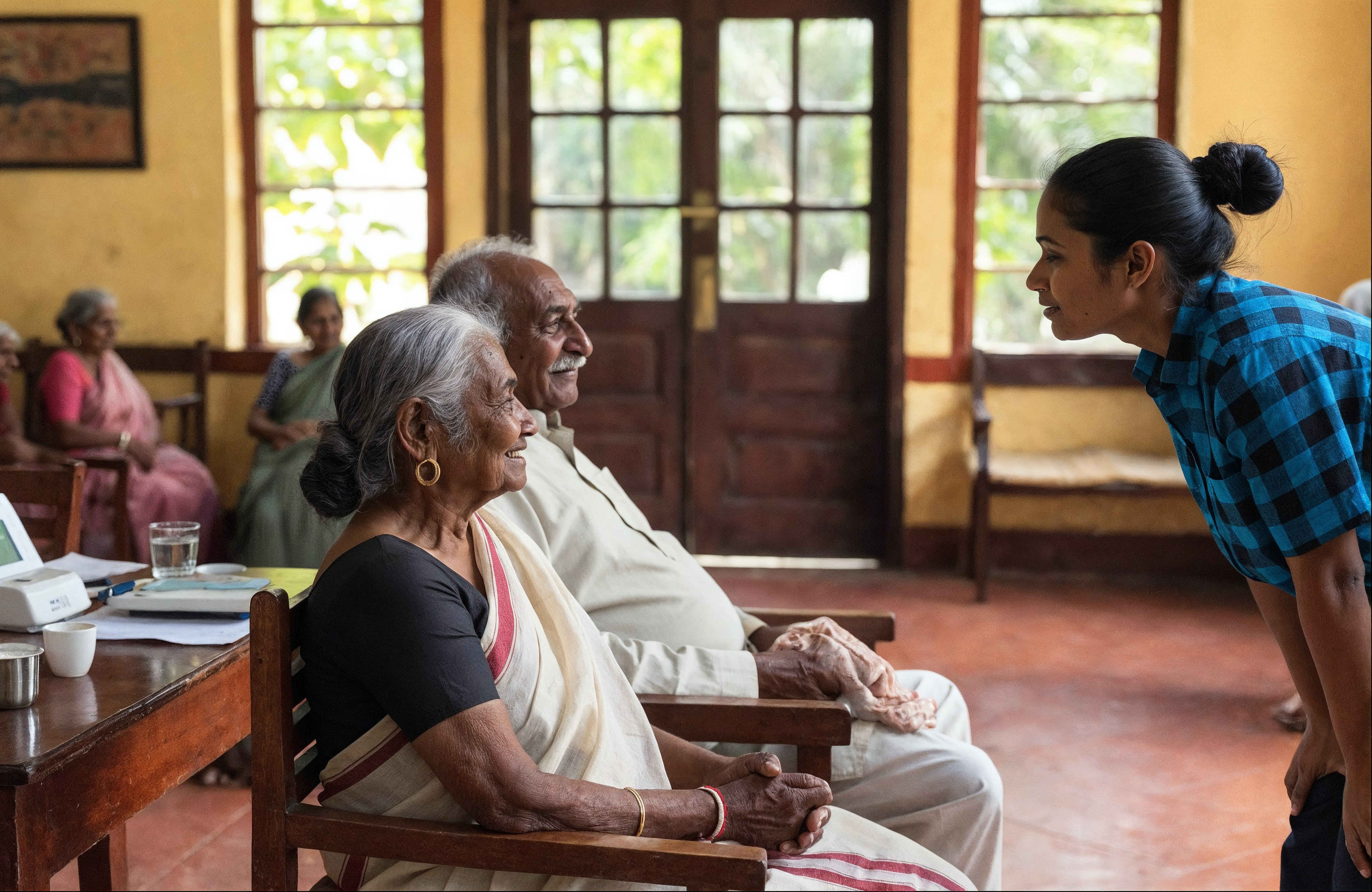 Happy elderly Indian couple receiving community support — PASALA Foundation